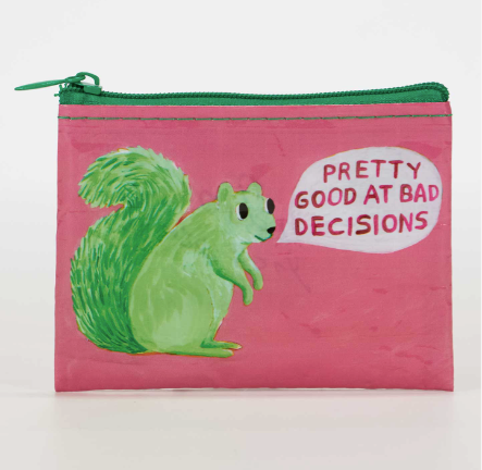 Pink pouch with a green squirrel illustration and text on a white background