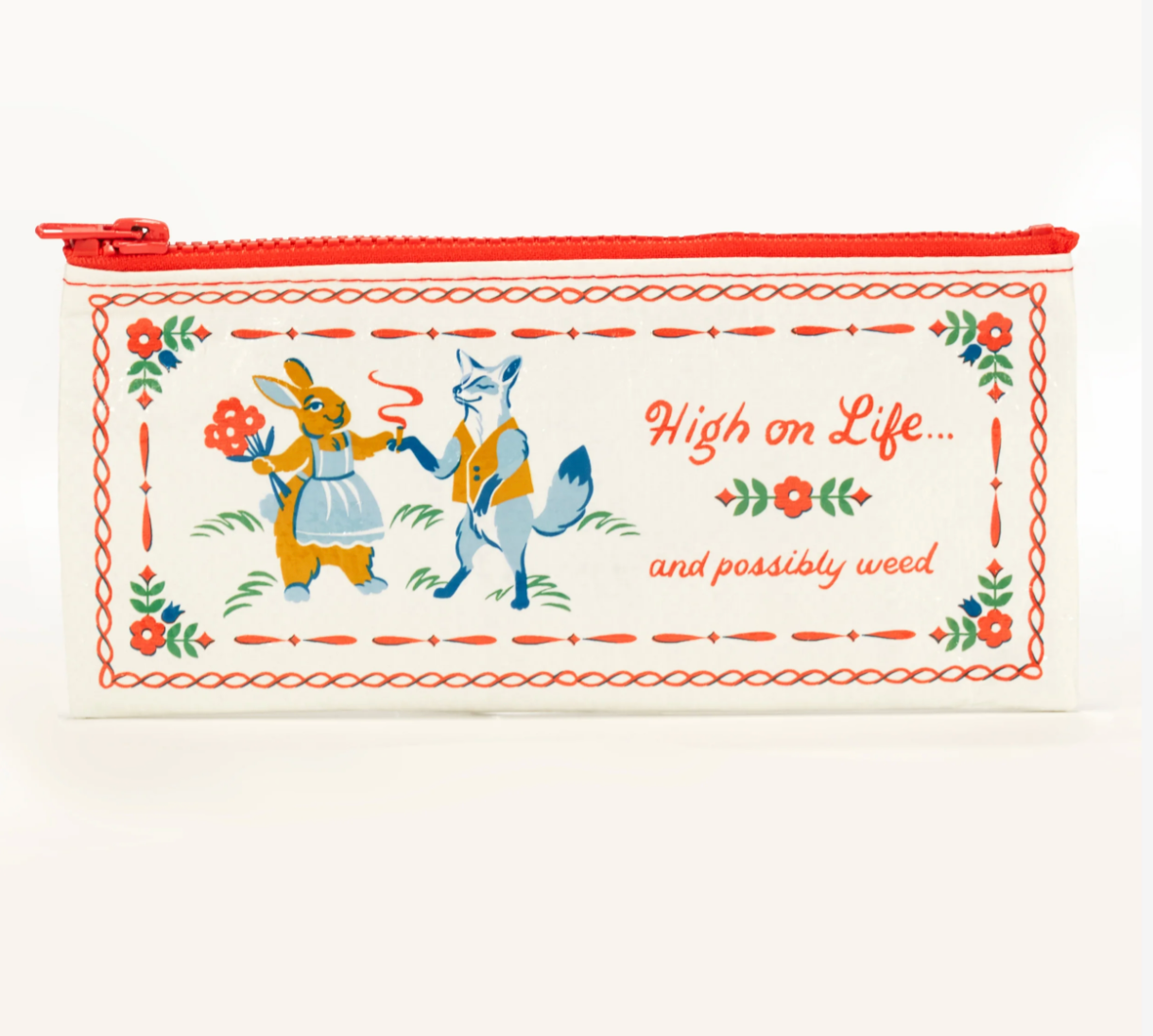Pouch with cartoon characters and text 'High on Life... and possibly weed' on a white background