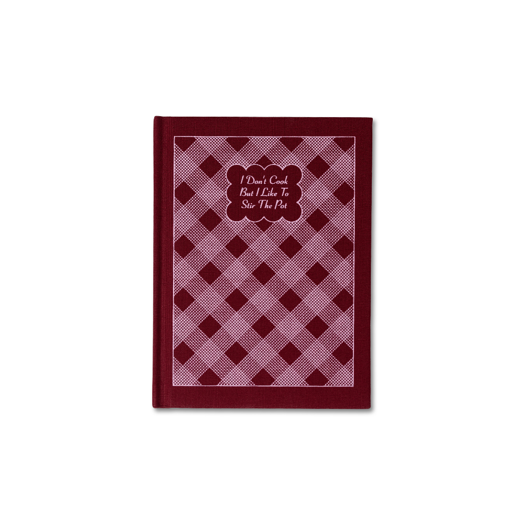 Red and white notepad front with text on a white background