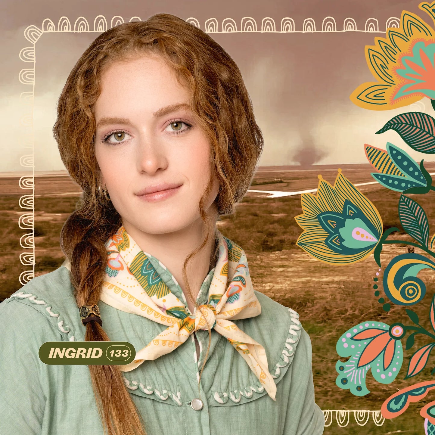 Model wearing the Ingrid Bandana at her neck like a neckerchief.