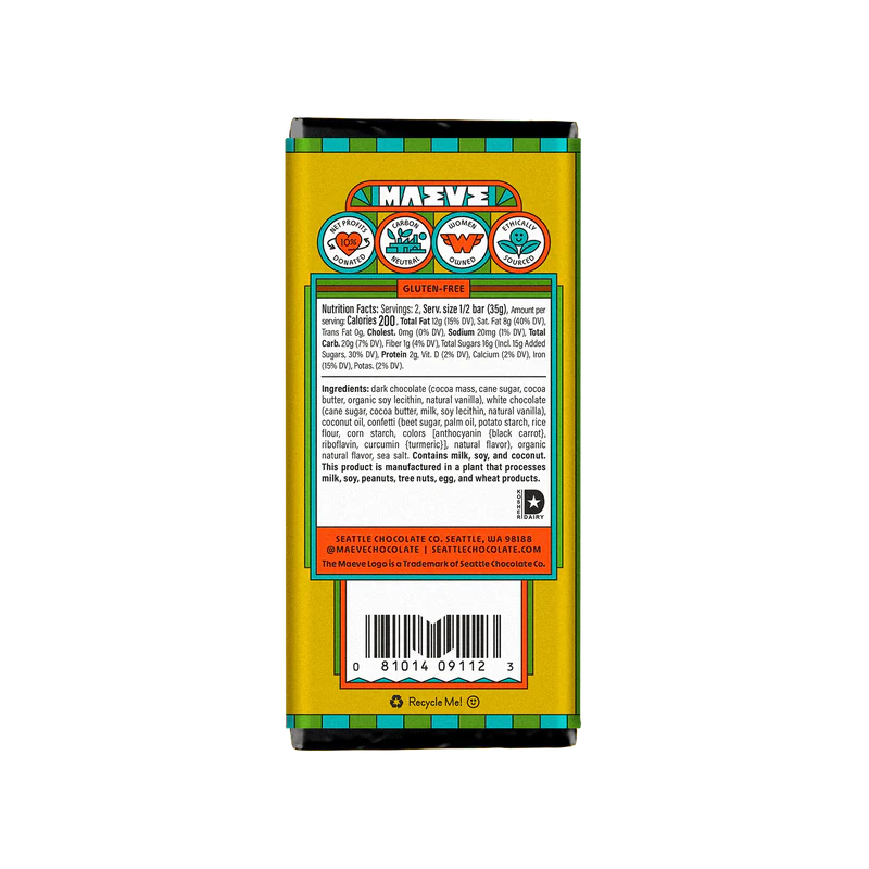 Back of a chocolate bar packaging with brand logo and nutritional information