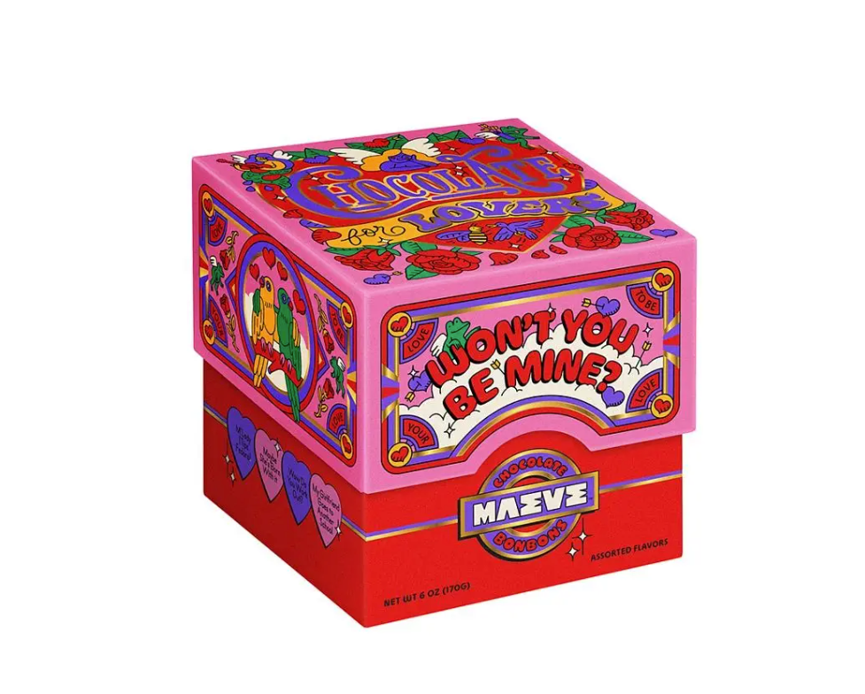 Colorful box with 'Won't You Be Mine?' text and Maeve logo on a white background