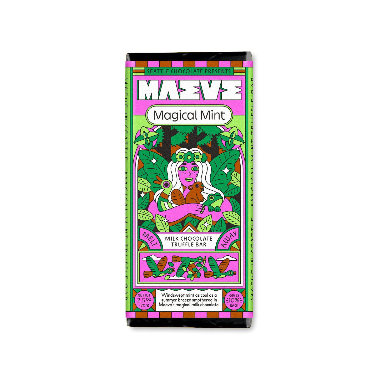 Maeve Chocolate's Magical Mint Milk Chocolate Truffle Bar featuring a colorful pop-art forest fairy hugging wildlife.