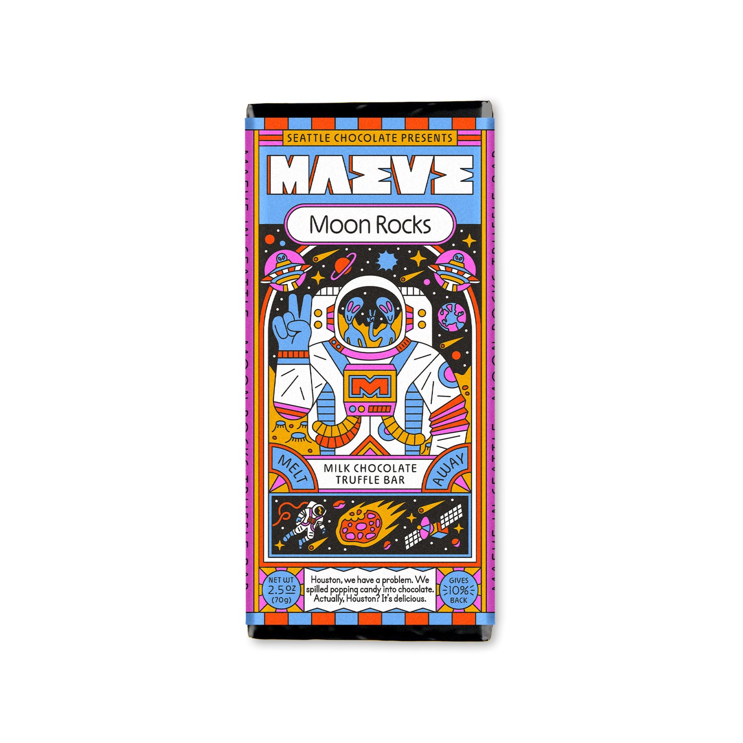 Maeve Chocolates Moon Rocks Milk Chocolate Truffle Bar featuring a pop art design of an astronaut meeting aliens in outer space