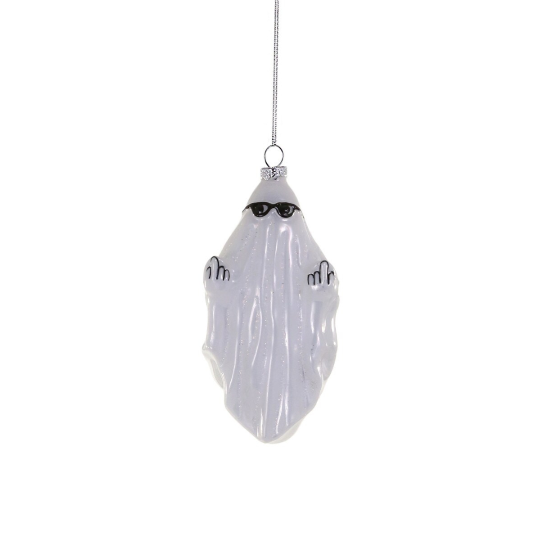 Ornament of a ghost with glasses and two middle fingers held up on either hand.