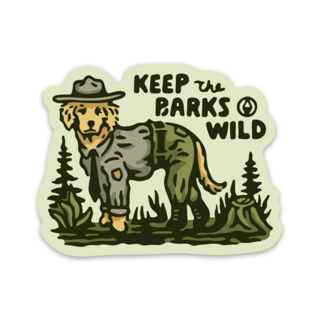 Adorable golden retriever in a park ranger uniform in the wild says "Keep Barks Wild"