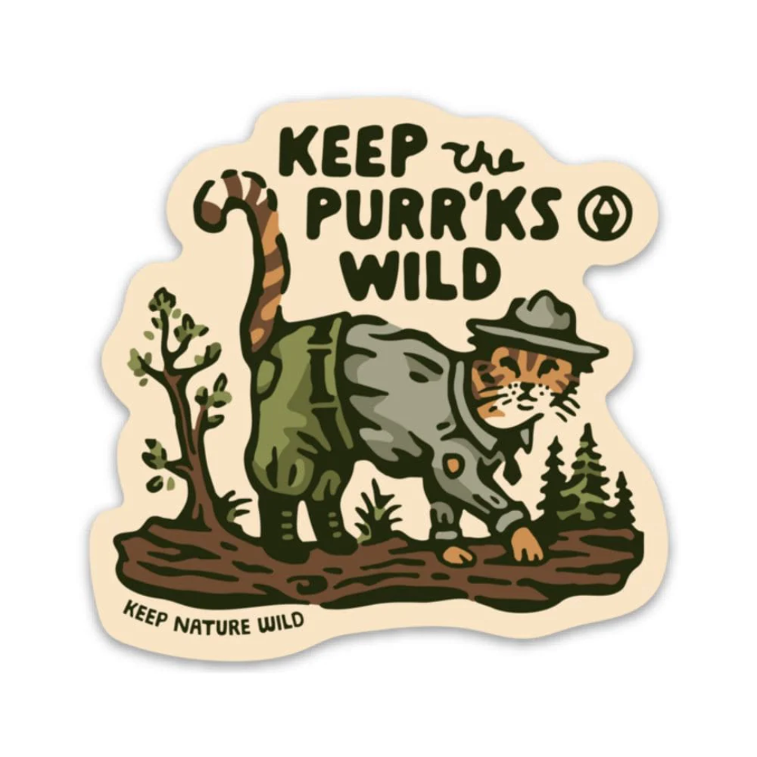 Adorable tabby cat in a park ranger uniform walks along a log and asks you to "Keep the purr'ks wild"