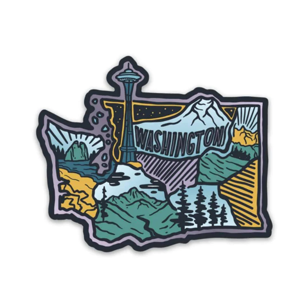 Sticker in the shape of Washington state with the Space Needle, mountains and wilderness