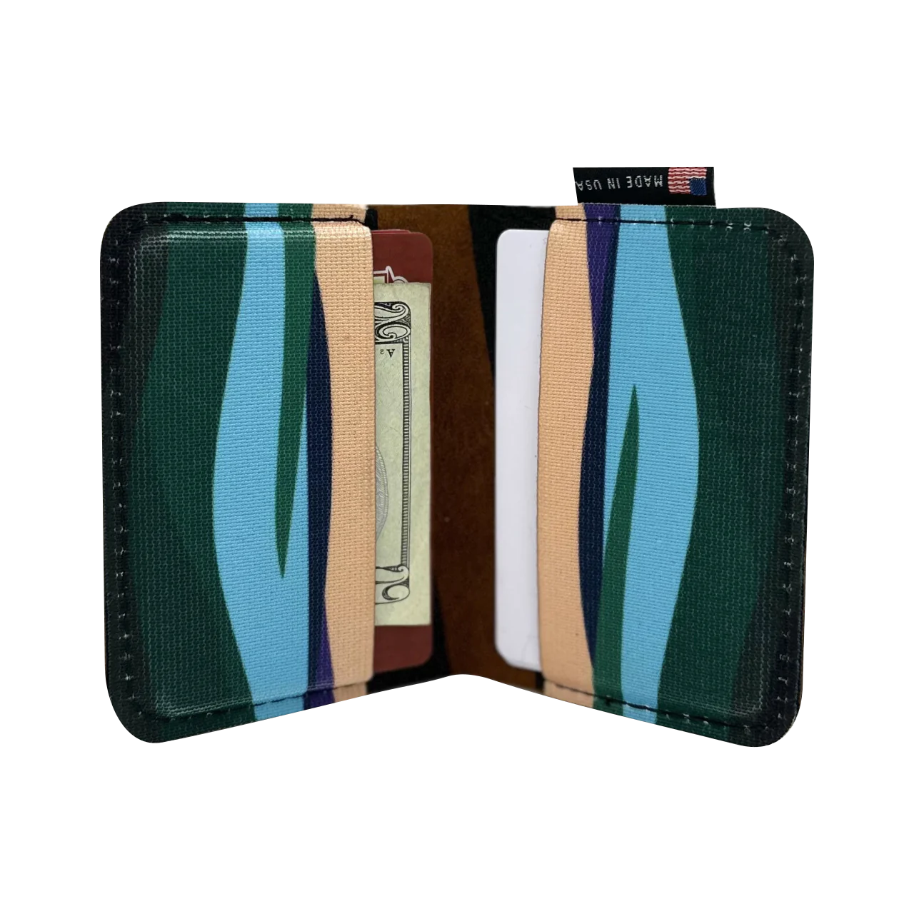 Leather front pocket wallet open, holding cards and money