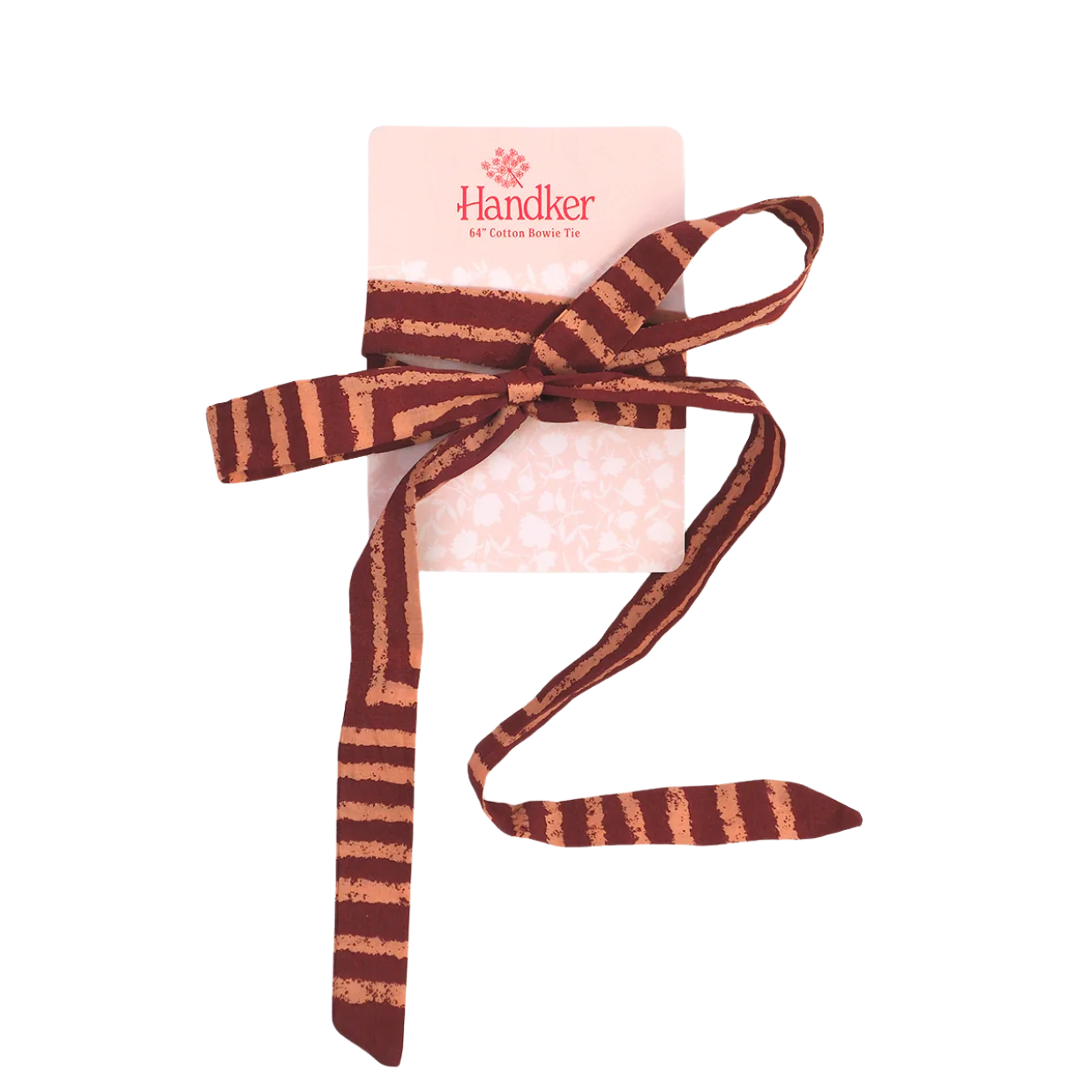 Handker's Sammi Pink Bowie Tie wrapped around it's presentation card. Tie is pink and maroon, rustic stripes.
