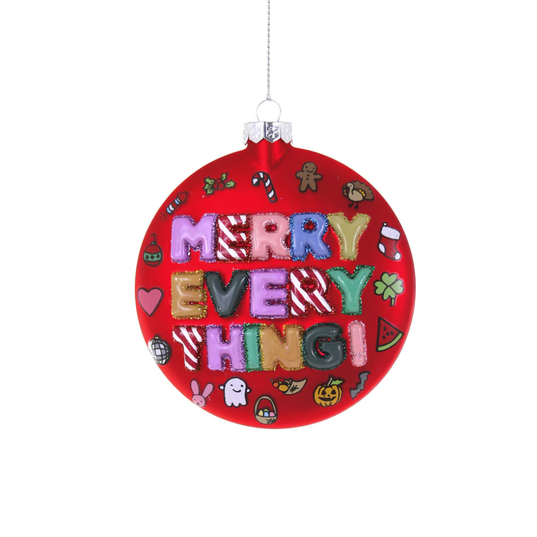 Red Glass ornament that says "Merry Everything" with icons of all sorts of holidays and events.