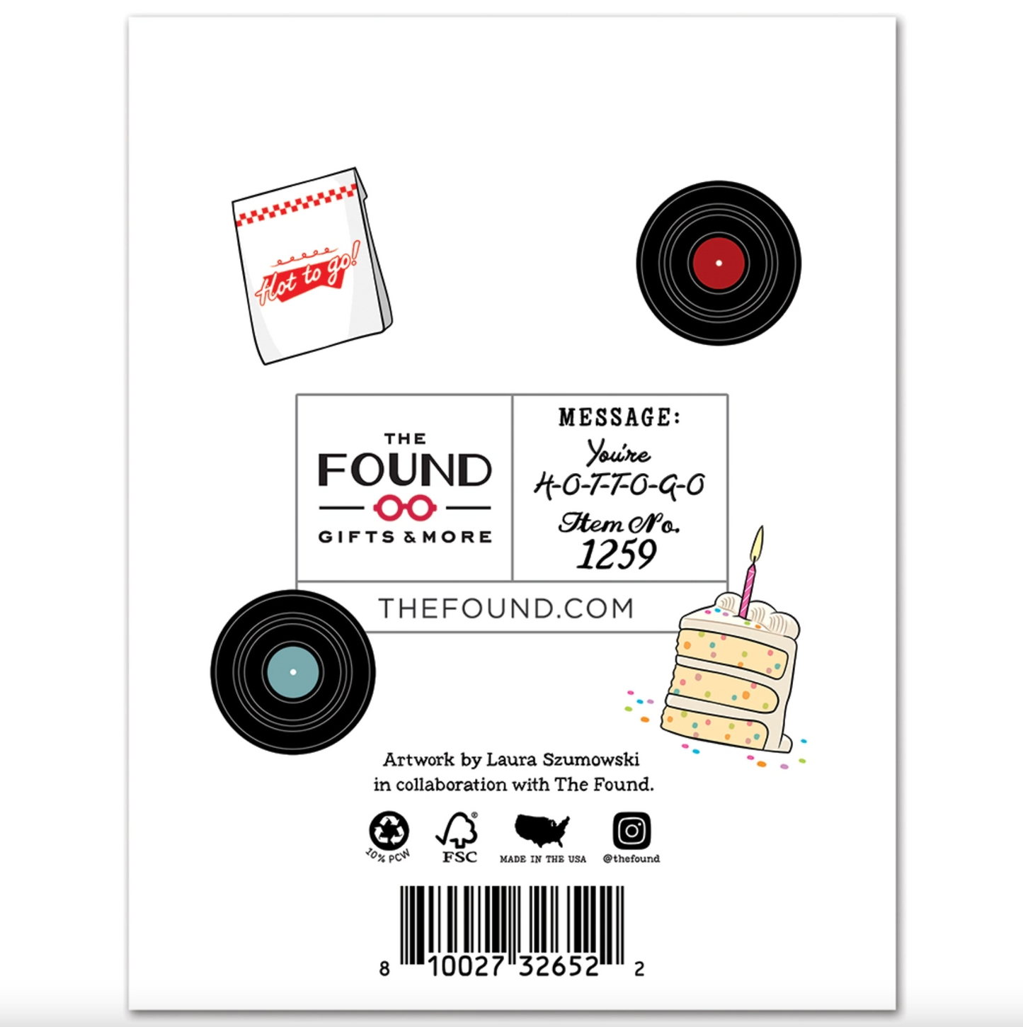 Back of white card featuring fast food bag, records, birthday cake, The Found logo, and a barcode.