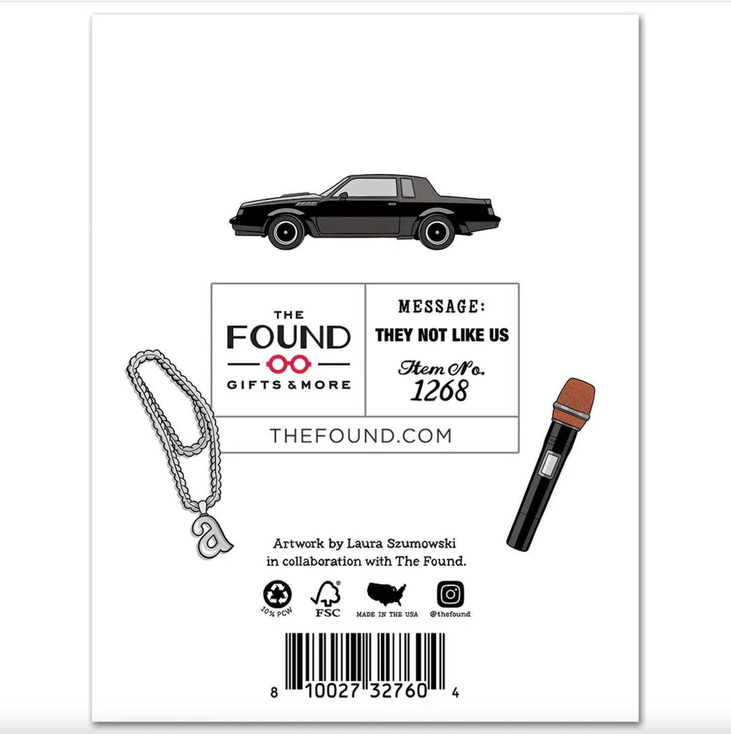 Back of white card featuring illustrations of a black car, silver chain, microphone, The Found Logo, and barcode.