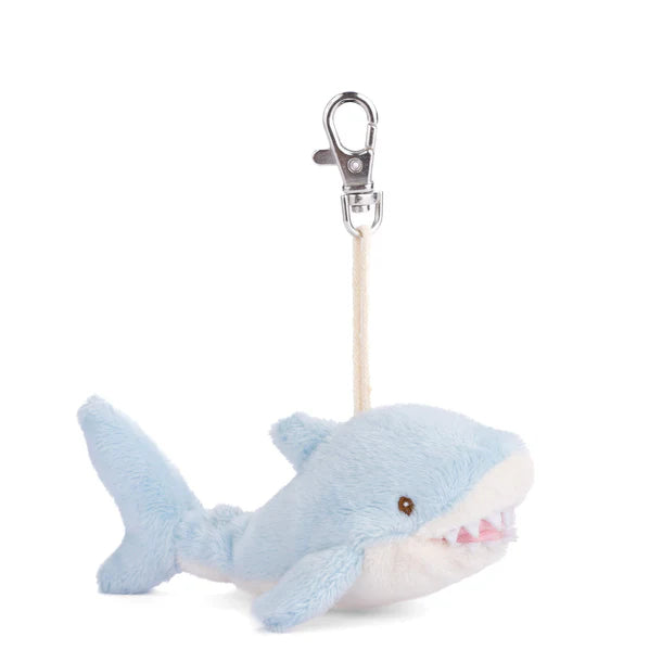 Plush shark bag charm keychain with a clip on a white background