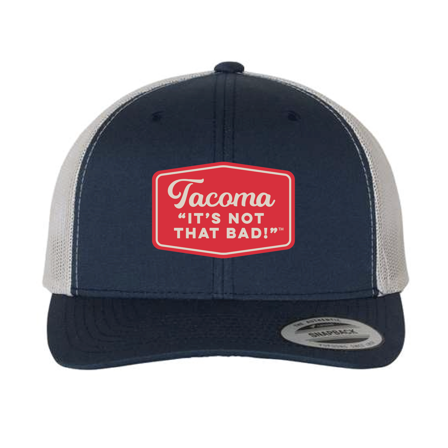 Navy and gray trucker hat with red patch that says "Tacoma, It's not tha that!" and text on a white background