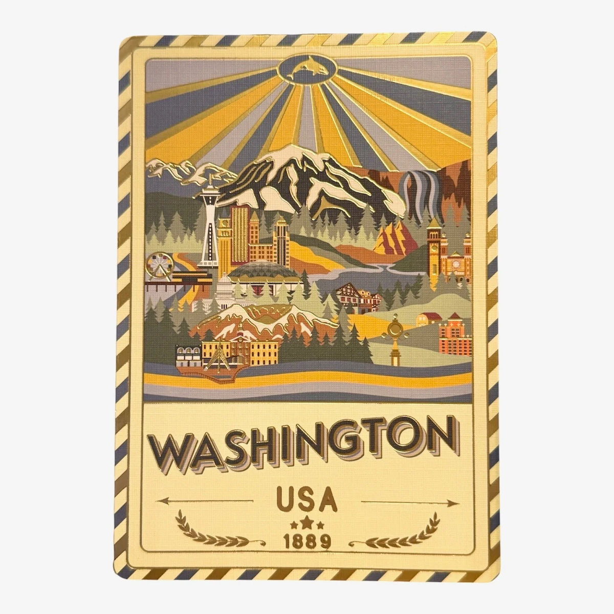 A rectangular vintage-style Washington, USA travel poster or art print with illustrated mountains, buildings, trees, and rays of light, bordered by diagonal stripes, on a light gray background.