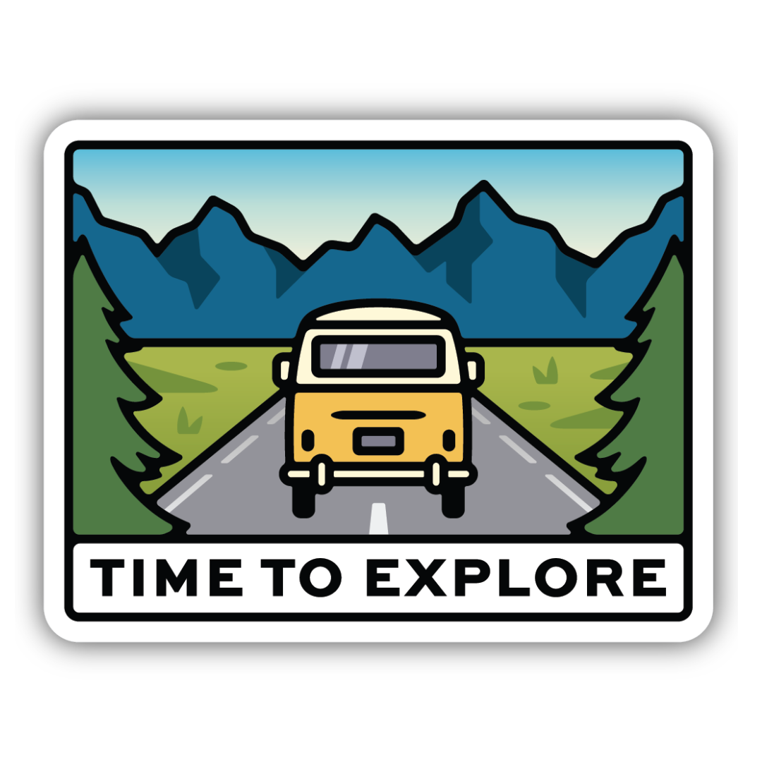 Time To Explore Mountain Van Scene Sticker