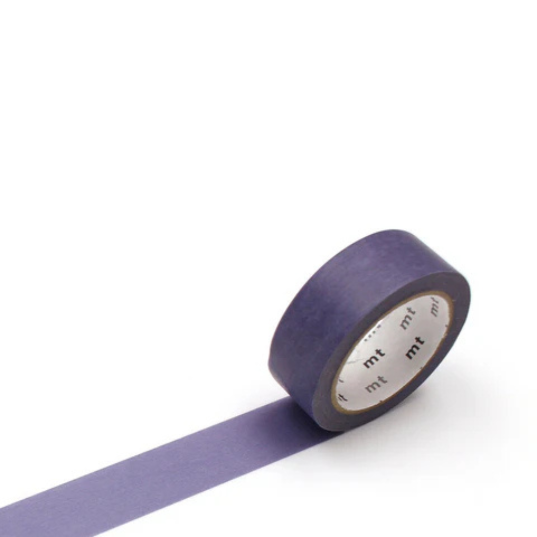 Dark violet roll of masking tape against white background.