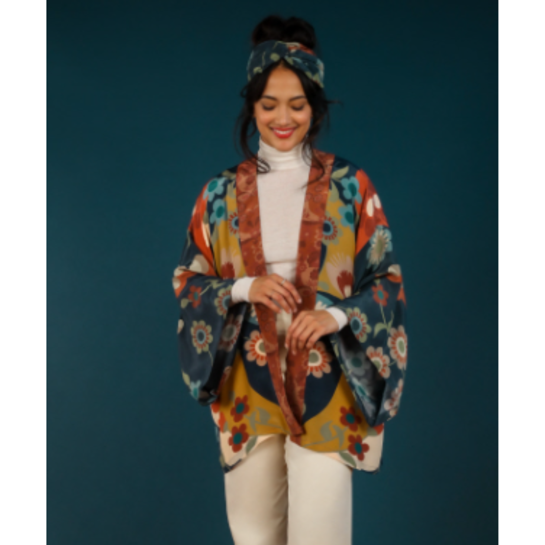 Powder Collection - 70s Kaleidoscope Floral Kimono Jacket in Sage