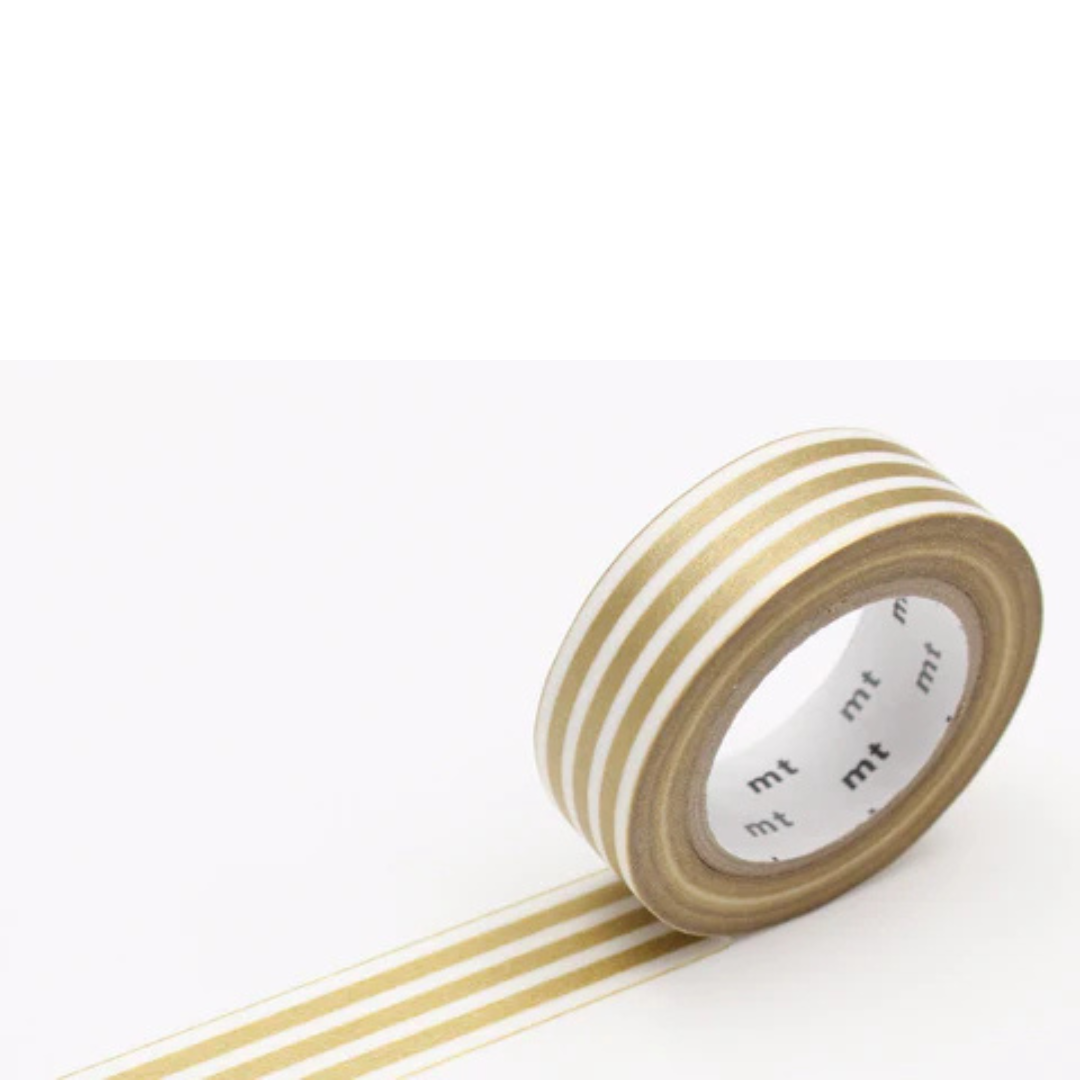 Gold and white striped roll of masking tape against a white background.