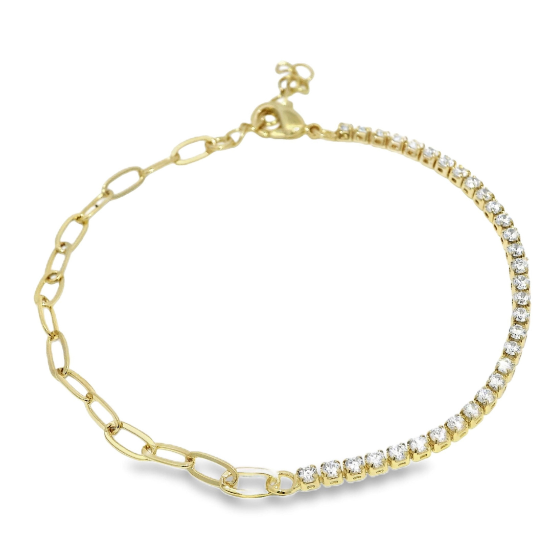 Gold bracelet featuring a paperclip chain on half and a tennis bracelet style on the other half.