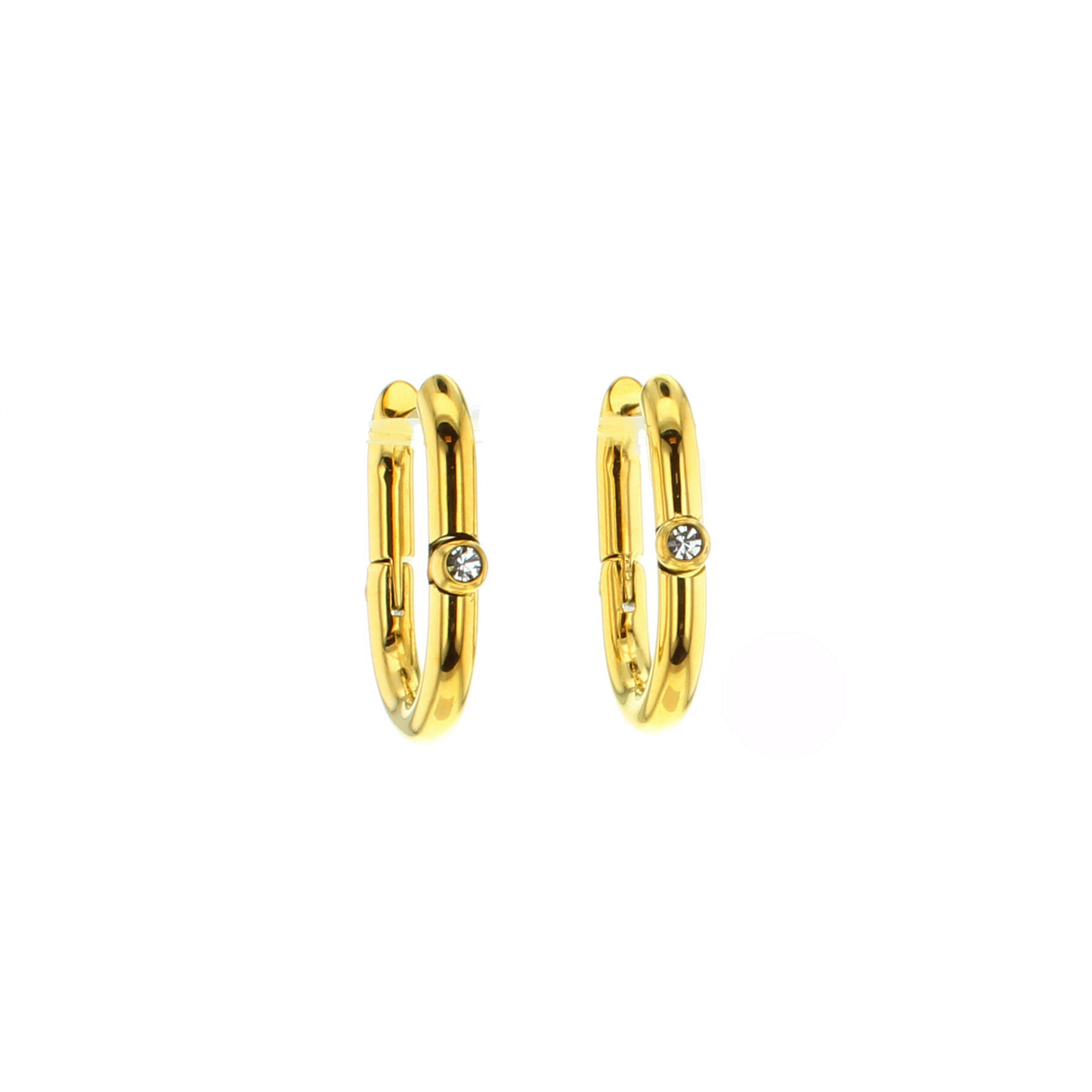 U-shaped gold hoop earrings with a clear gem