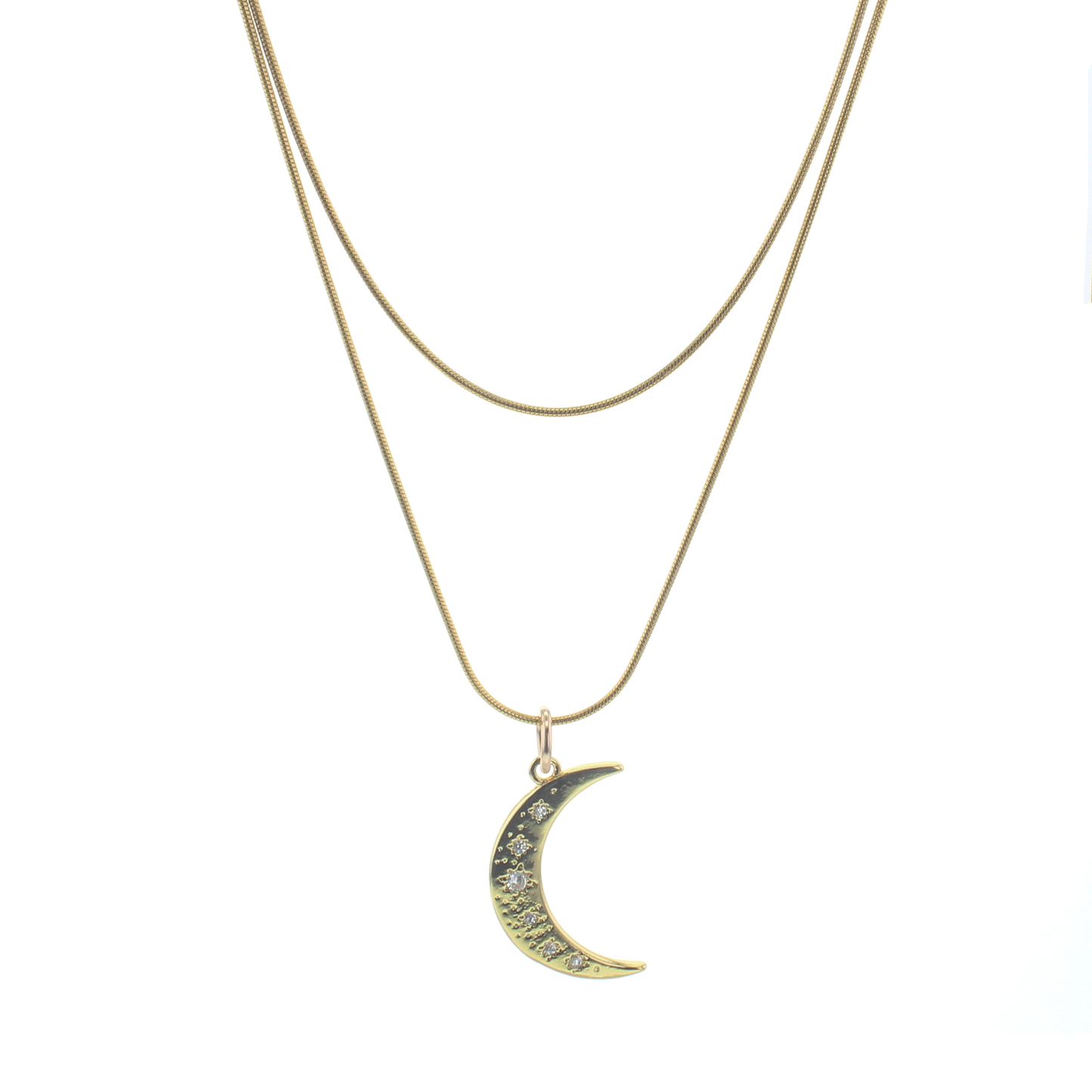 Pair of goldtone chains. Longer chain has a crescent moon shaped pendant