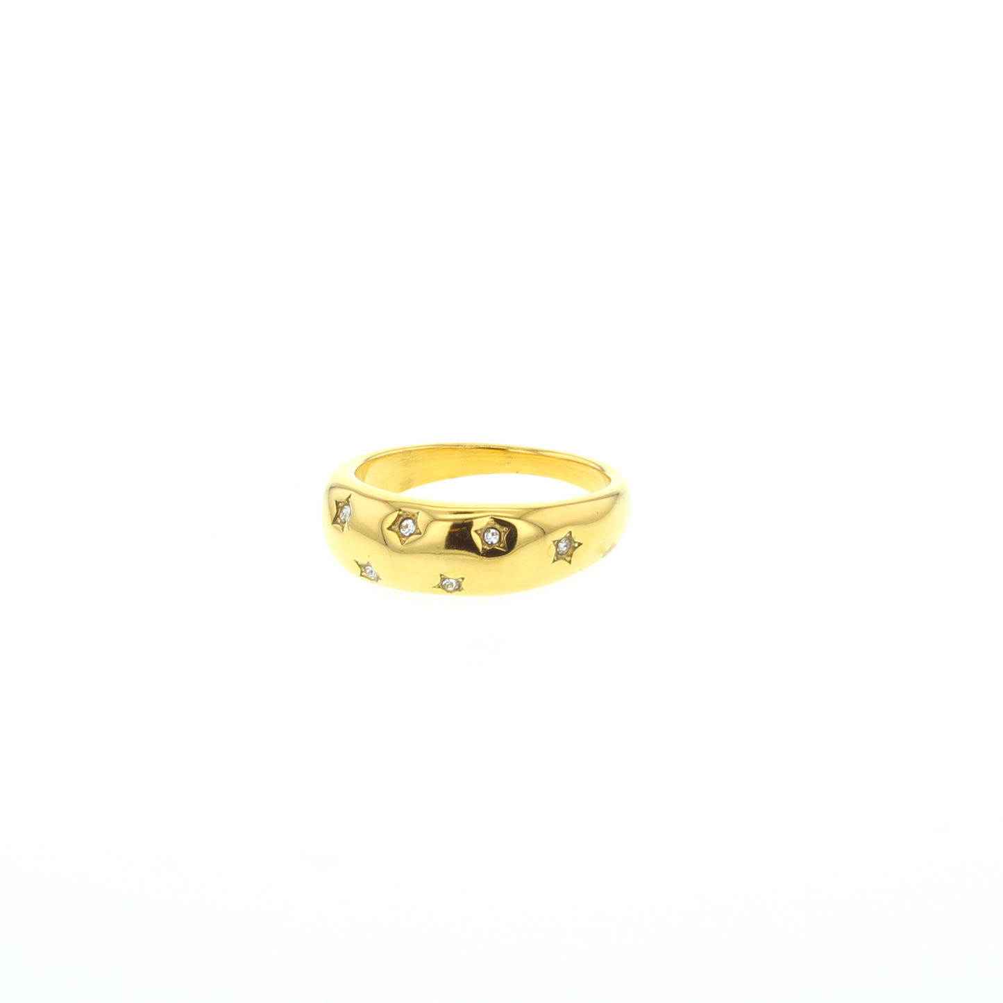 Dome shaped goldtone ring with a scattering of 5 point clear faceted "stone" stars