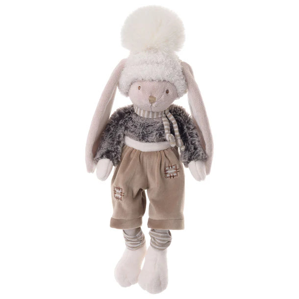 Plush toy rabbit wearing a sweater and shorts with a winter hat adorned with a HUGE pompom