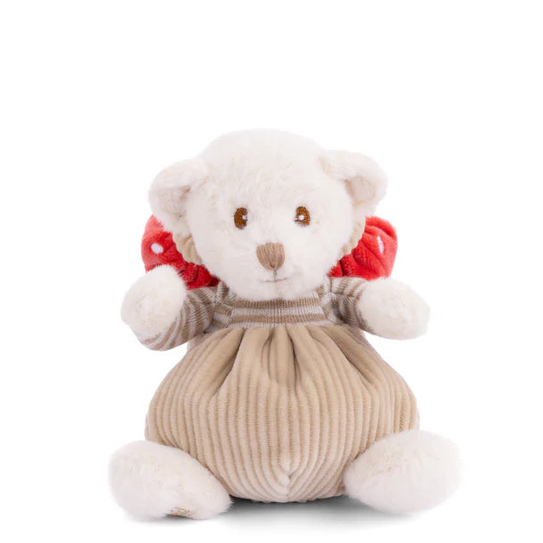 Plush teddy bear with without his mushroom hat on