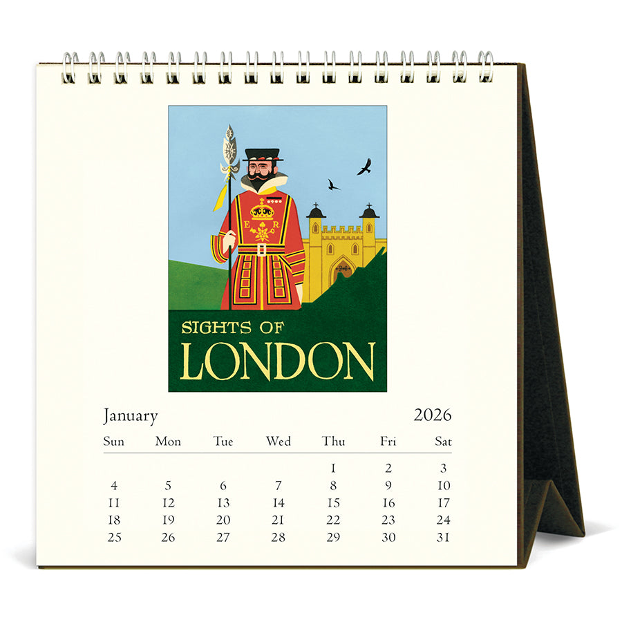 Calendar for January 2026 with a vintage-style illustration of a guard and castle, titled 'Sights of London'.