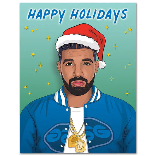 Drake wearing a santa hat with the text "happy holidays" on a greeting card