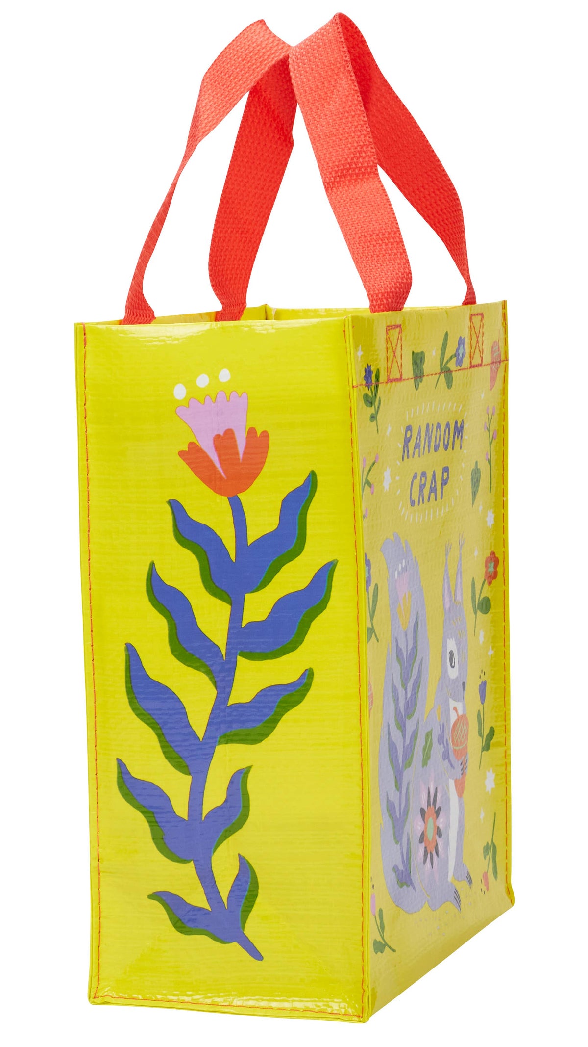 Side view of a colorful tote bag with floral design and text on a white background