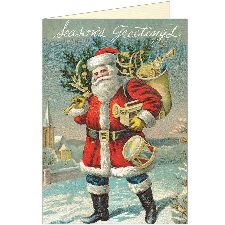 Victorian Santa with a bag full of toys and a Christmas tree on his shoulder walking in the snow, a church in the background. Card reads "Season's Greetings"