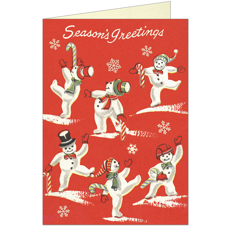 Six snowmen frolic against a read background. The card reads "Season's Greetings"