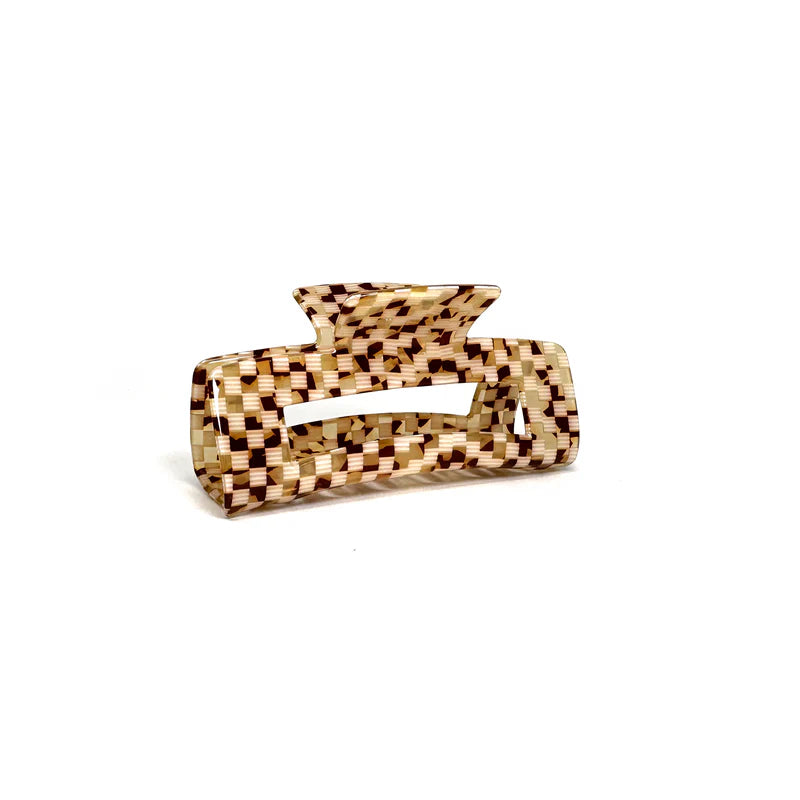 Rectangle shaped claw hair clip in a brown tortoise basket pattern