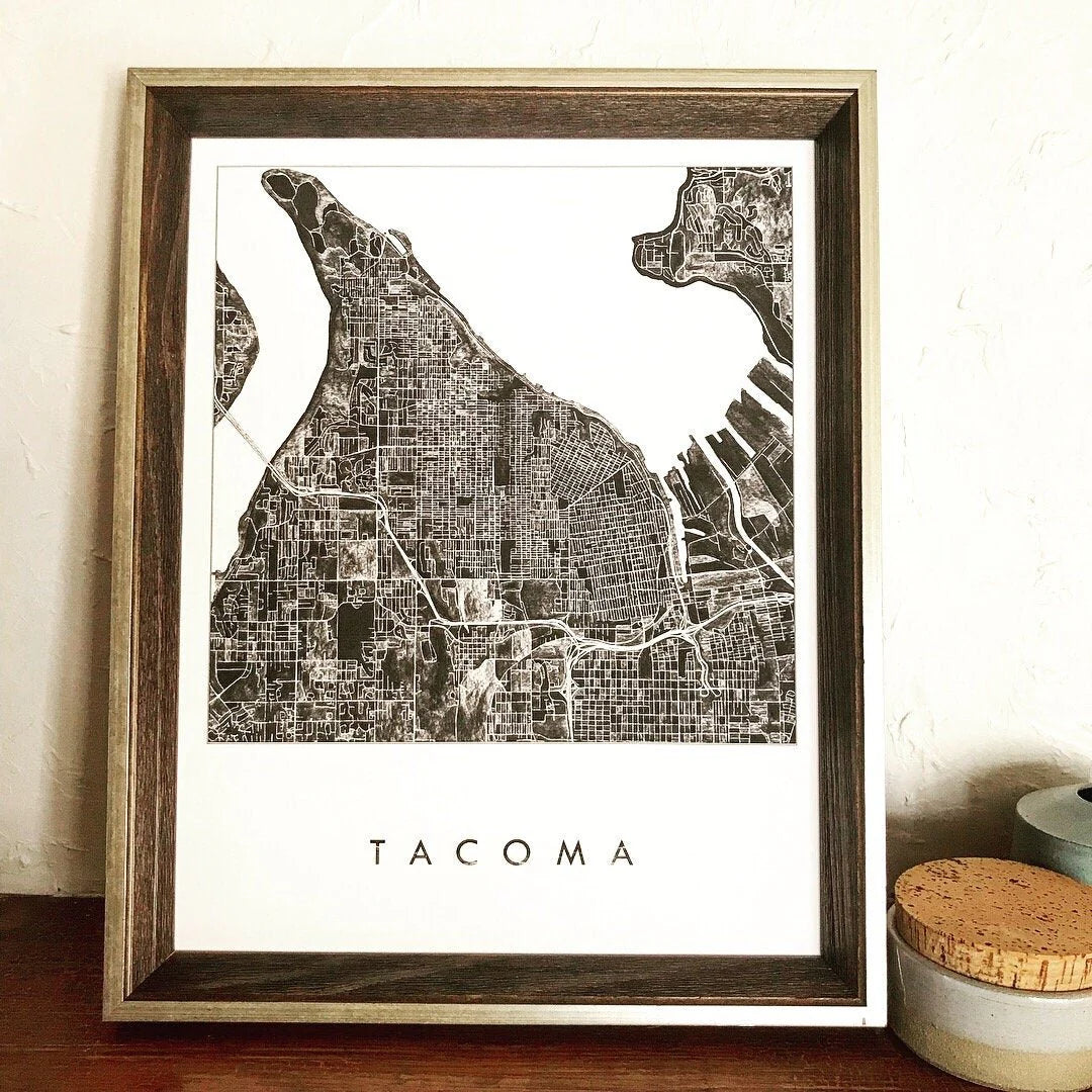 Turn of the Centuries - Tacoma, WA Watercolor Map Print - Black