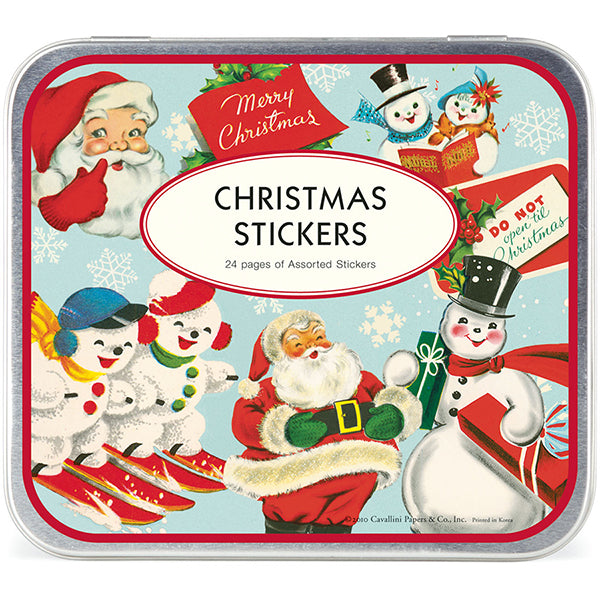 Christmas stickers tin with Santa Claus, snowmen, and other holiday characters