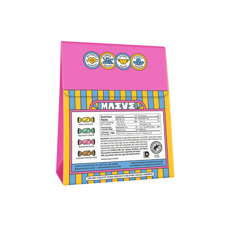 Back of Maeve Milk Chocolate Medley BonBon packaging features product info and nutritional facts.