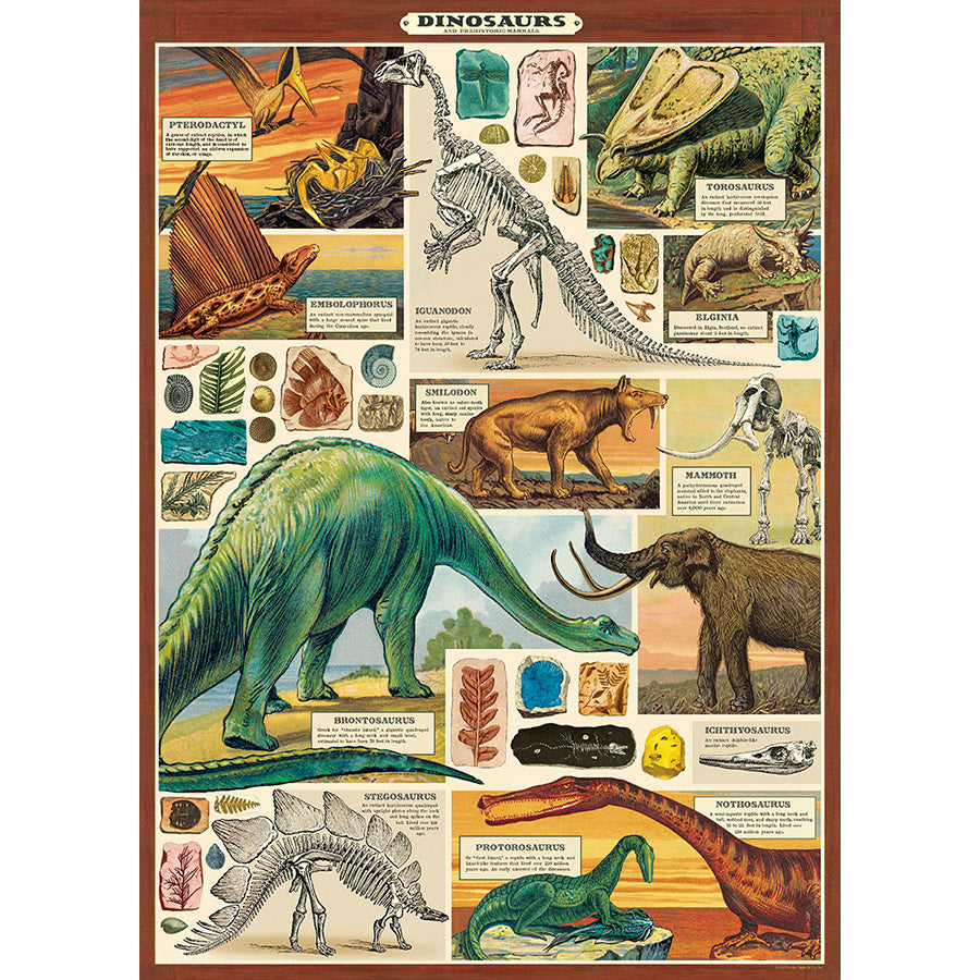 Vintage artwork featuring Dinosaurs and fossils on paper that could be used as a poster or for gift wrap.