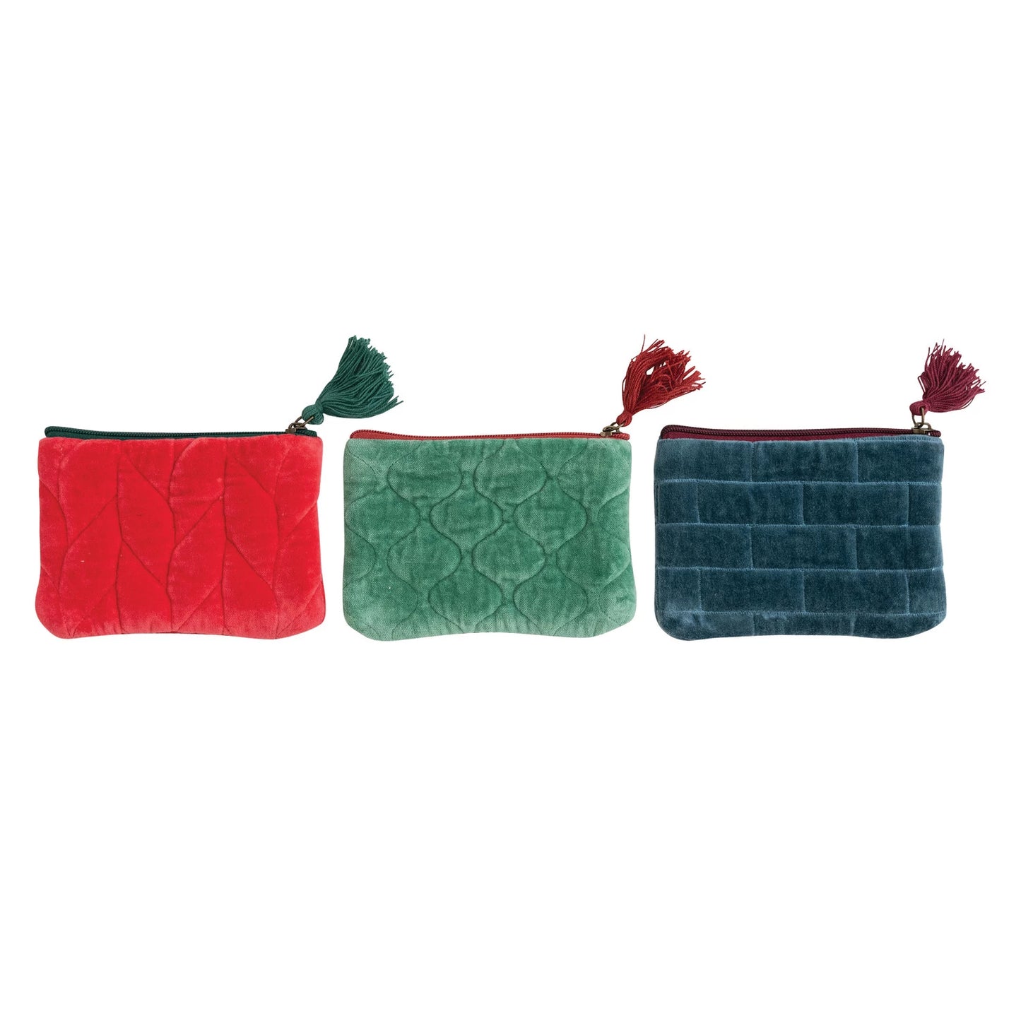 Quilted Cotton Velvet Zip Pouch with Tassel