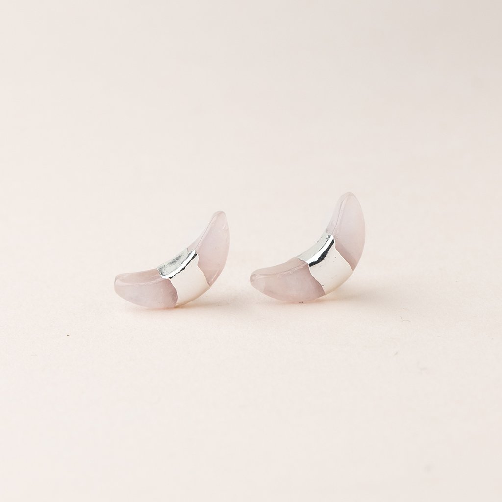 Crescent Moon Stud - Rose Quartz/Silver