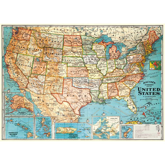 An art print and paper wrap which features a vinage map of the united states
