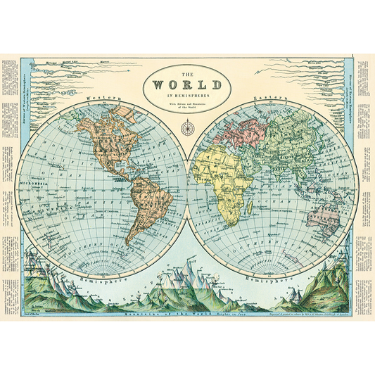 An art print and paper wrap which features a vinage map of the world.