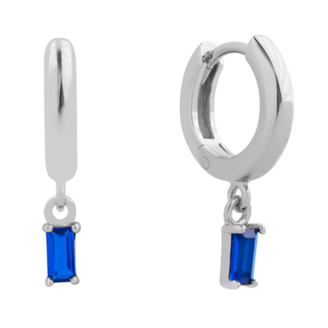 Silver Sapphire Baguette Hoops