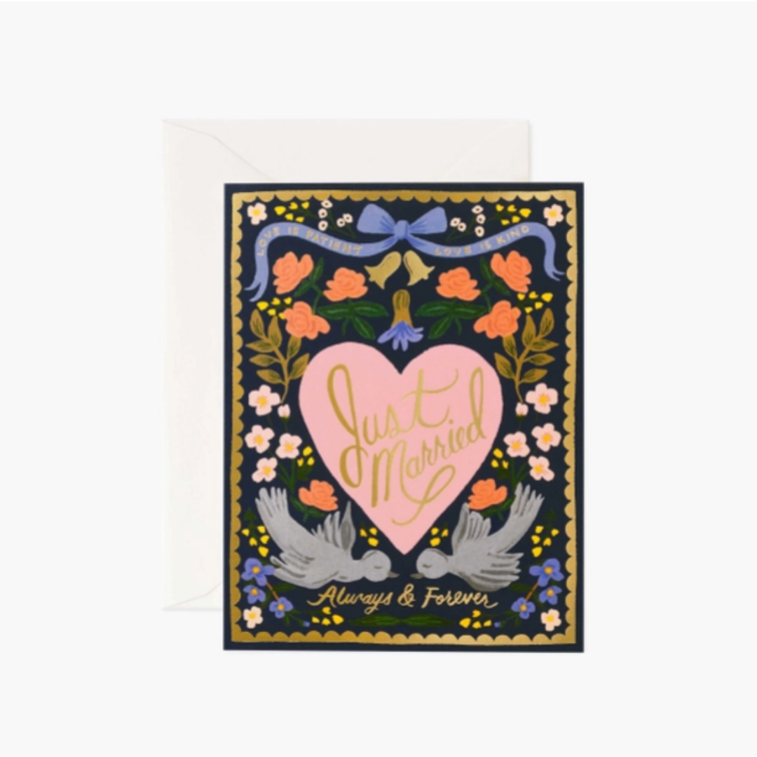 Greeting card with a heart design, birds, and floral elements on a white background