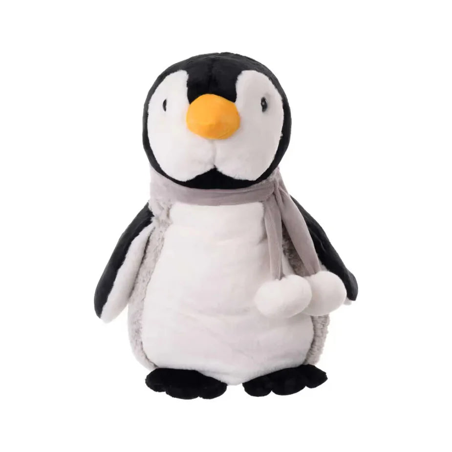 Plush penguin toy with a gray scarf 