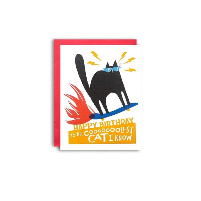 Card with a cat on a skateboard that says "Happy Birthday to the cooooooooolest cat I know"