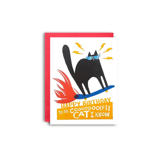 Card with a cat on a skateboard that says "Happy Birthday to the cooooooooolest cat I know"