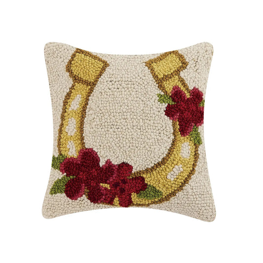 Gold Horseshoe w/ Flowers Hook Pillow 10x10"